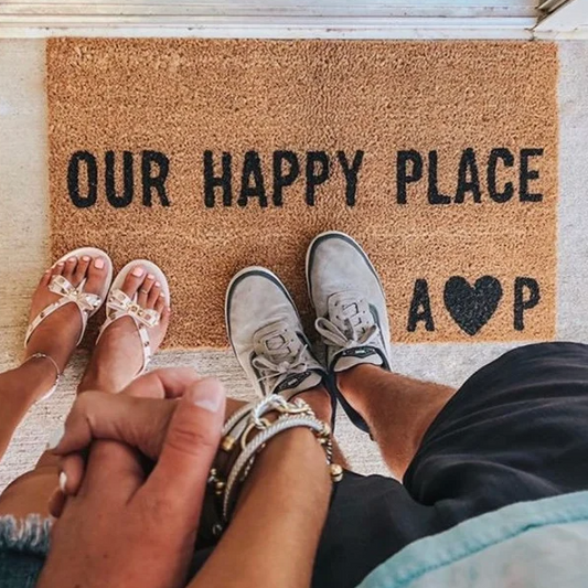 Our Happy Place with Custom Initials Doormat